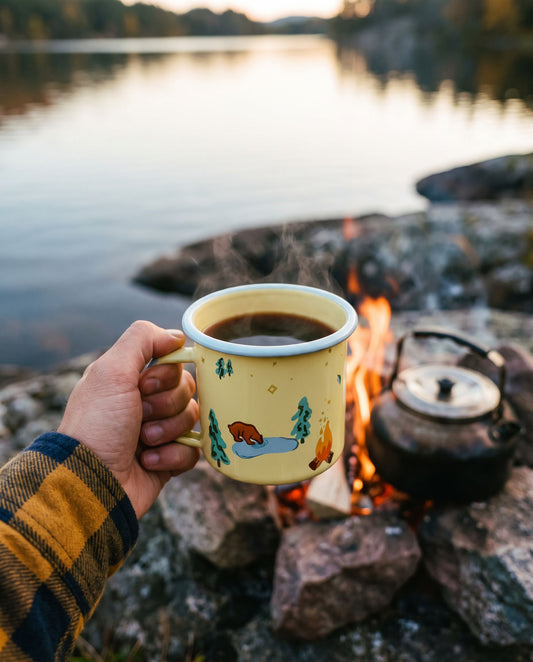 Brother Bear Enamel Mug – hånd holder kruset med rykende kaffe ved bål og vann om høsten
